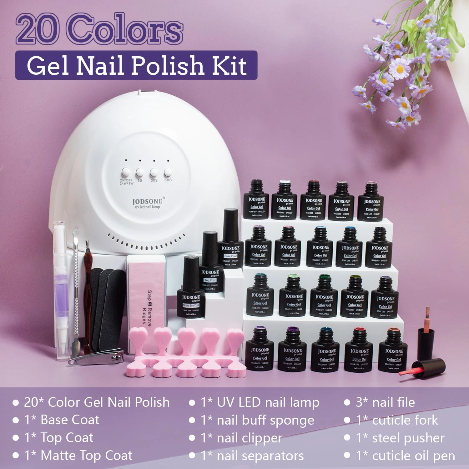 JODSONE 20 Colors Gel Nail Polish Kit with U V Light Base Top Matte Coat High Shine Vibrant Nail Gel Equipped with Manicure Tools