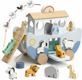 Joyreal Wooden Noah's Ark Toy for 1 Year Old Baby Boy and Girl Baptism Gift - Neutral Color Montessori Educational Toy with Animal Shape Sorter - Christian Toys for Toddler 1-3 Christmas Birthday Gift