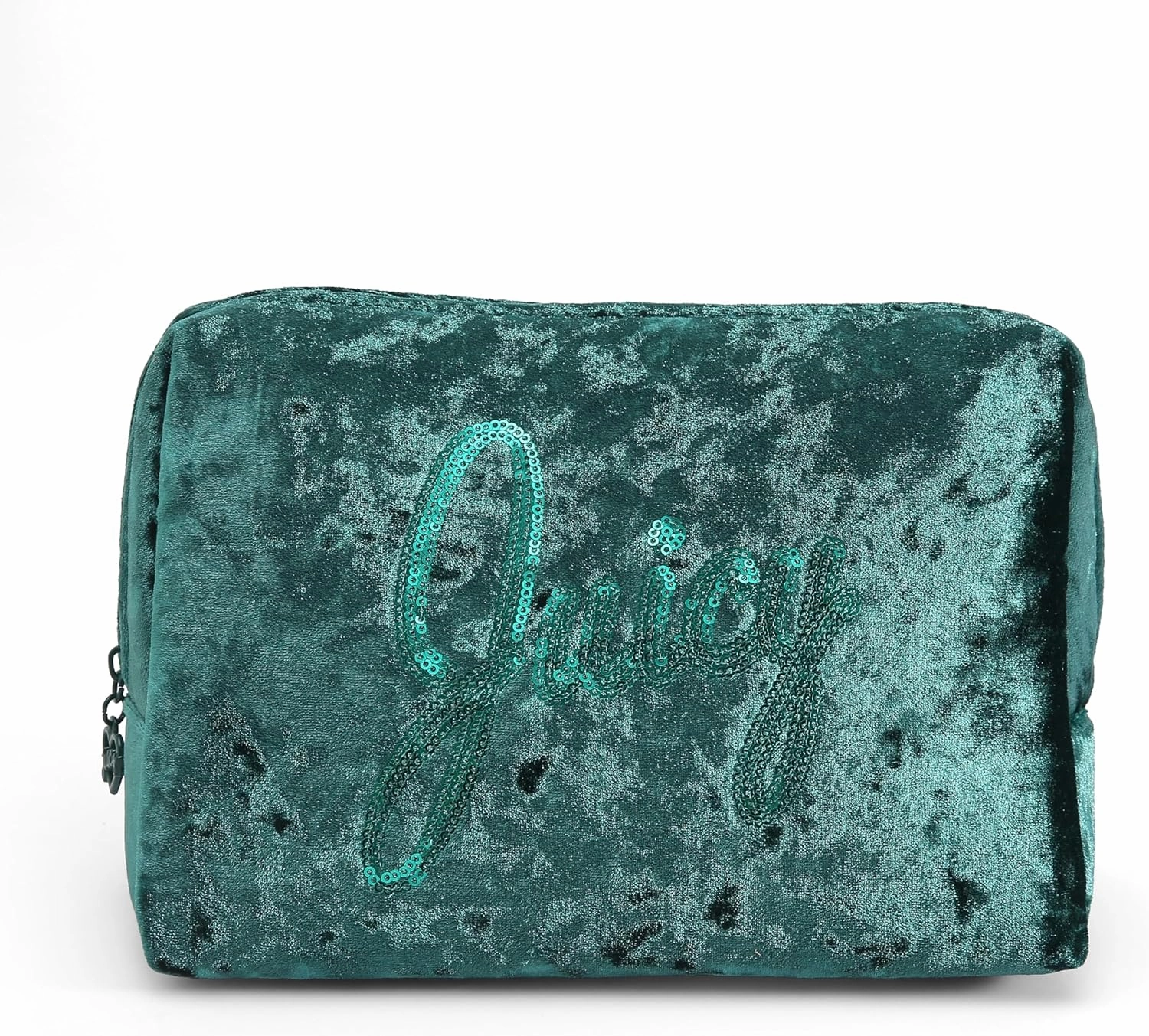 Juicy Couture Women's Cosmetics Bag - Travel Makeup and Toiletries Clutch Wedge Pouch, Green Crushed Velvet