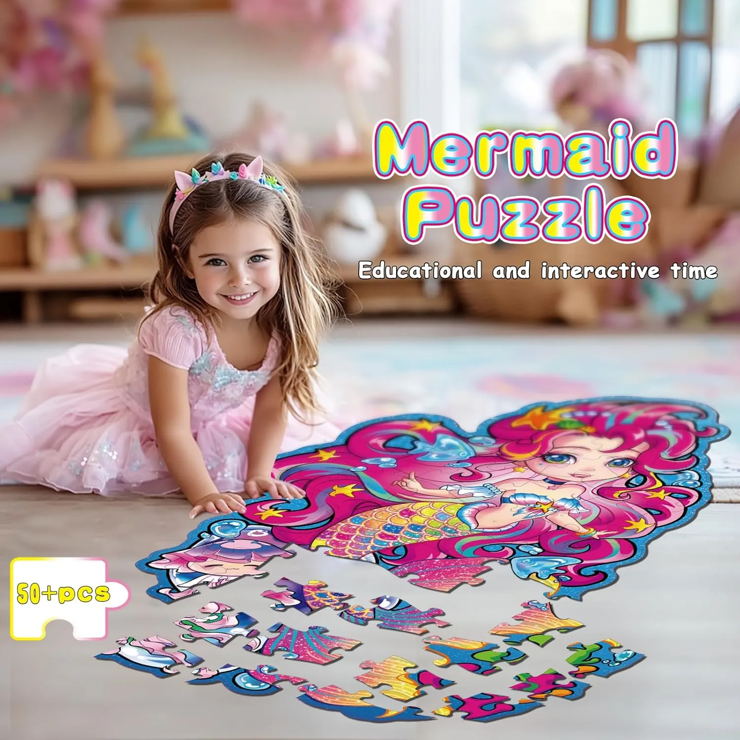 Jumbo Mermaid Floor Puzzle for Kids Ages 6-8 Year Old, Large Toddler Puzzle for Girls Ages 6 7 8 Year Old, Mermaid Girl Gift and Educational Toy for Birthday and Christmas
