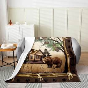 Jungle Wooden Cabin Flannel Blanket Queen 90"x90" Warm Lightweight,Outdoor Adventure Wild Bear Pine Tree Flannel Sherpa Blanket,Retro Wood Frame Bear Wildlife Paw Print Flannel Blanket
