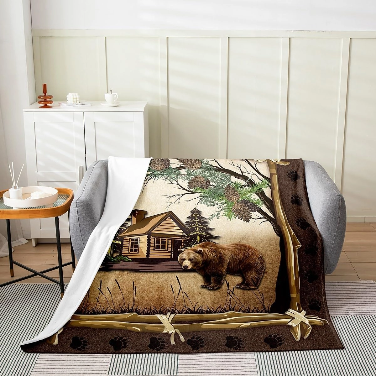 Jungle Wooden Cabin Flannel Blanket Queen 90"x90" Warm Lightweight,Outdoor Adventure Wild Bear Pine Tree Flannel Sherpa Blanket,Retro Wood Frame Bear Wildlife Paw Print Flannel Blanket