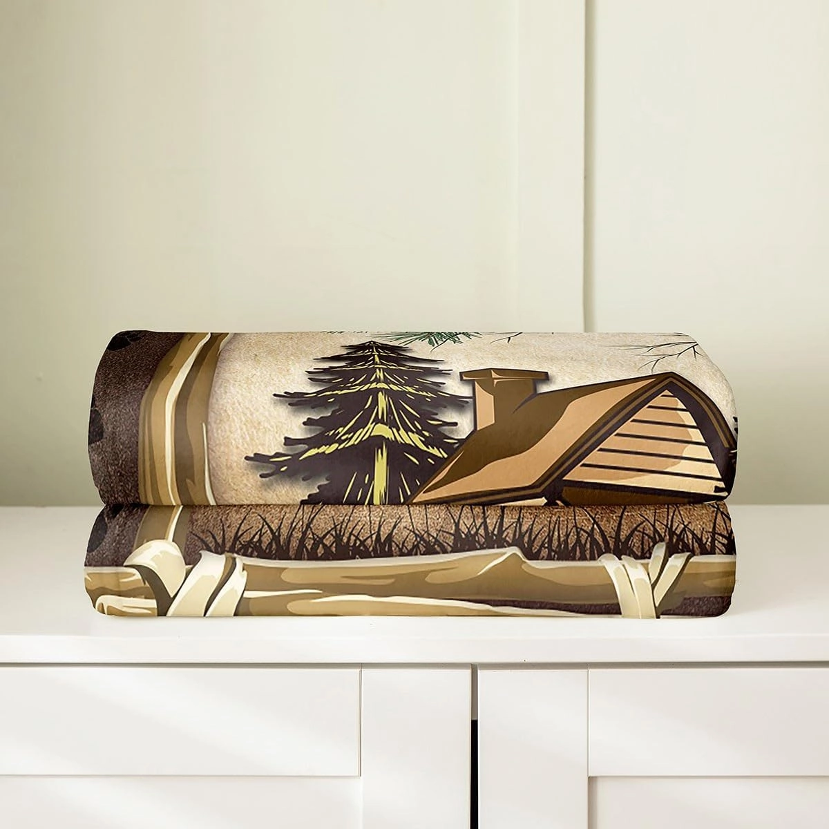 Jungle Wooden Cabin Flannel Blanket Queen 90"x90" Warm Lightweight,Outdoor Adventure Wild Bear Pine Tree Flannel Sherpa Blanket,Retro Wood Frame Bear Wildlife Paw Print Flannel Blanket