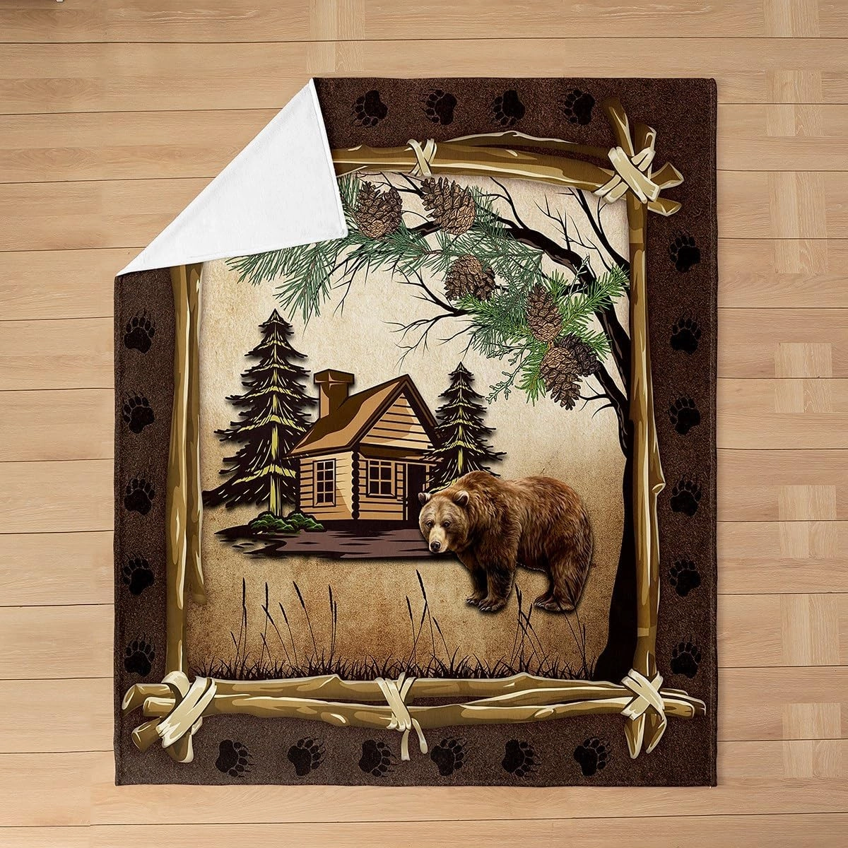 Jungle Wooden Cabin Flannel Blanket Queen 90"x90" Warm Lightweight,Outdoor Adventure Wild Bear Pine Tree Flannel Sherpa Blanket,Retro Wood Frame Bear Wildlife Paw Print Flannel Blanket