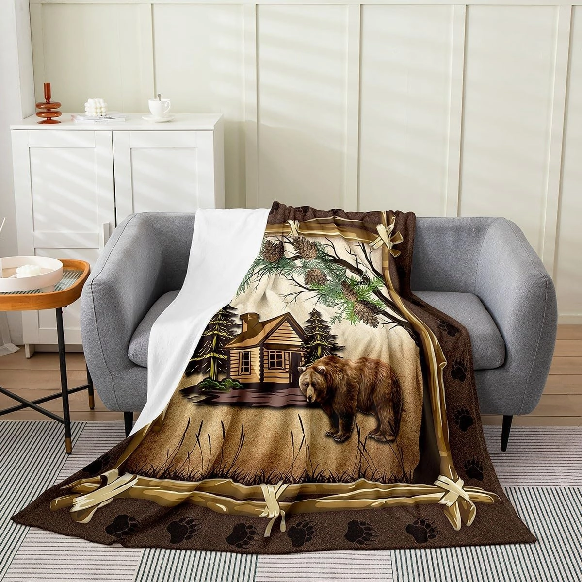 Jungle Wooden Cabin Flannel Blanket Queen 90"x90" Warm Lightweight,Outdoor Adventure Wild Bear Pine Tree Flannel Sherpa Blanket,Retro Wood Frame Bear Wildlife Paw Print Flannel Blanket