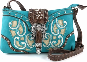 Justin West Purse Laser Cut Rhinestone Silver Buckle Cross Shape Concealed Carry Handbag
