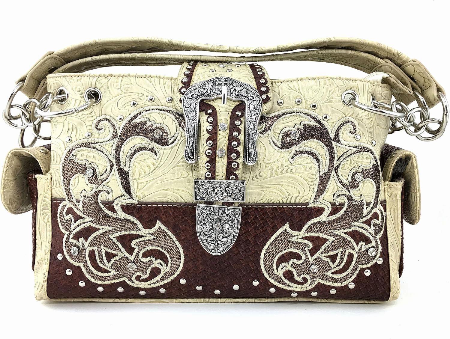 Justin West Purse Laser Cut Rhinestone Silver Buckle Cross Shape Concealed Carry Handbag