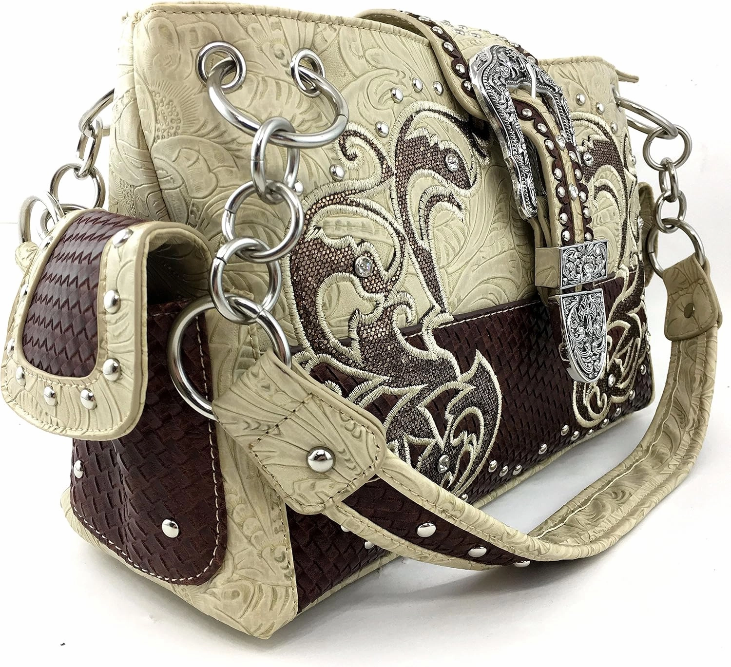 Justin West Purse Laser Cut Rhinestone Silver Buckle Cross Shape Concealed Carry Handbag