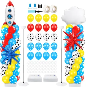 Kasyat 2 Sets Cartoon Story Party Balloon Column Stand Kit with Rocket Cloud Star Foil Cow Print Sky Blue Cloud Balloons Colorful Toy Arch Kit for Floor for Baby Shower Cartoon Party Decorations