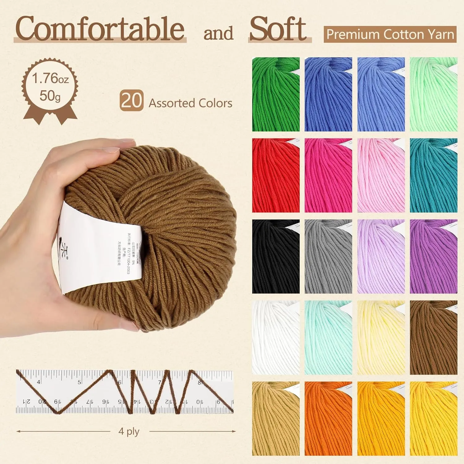 Katech 20 Skeins Cotton Yarn for Crocheting-Sport Weight Yarn 55% Cotton 45% Acrylic-Milk Cotton Yarn-Knitting/Crochet Yarn Kit