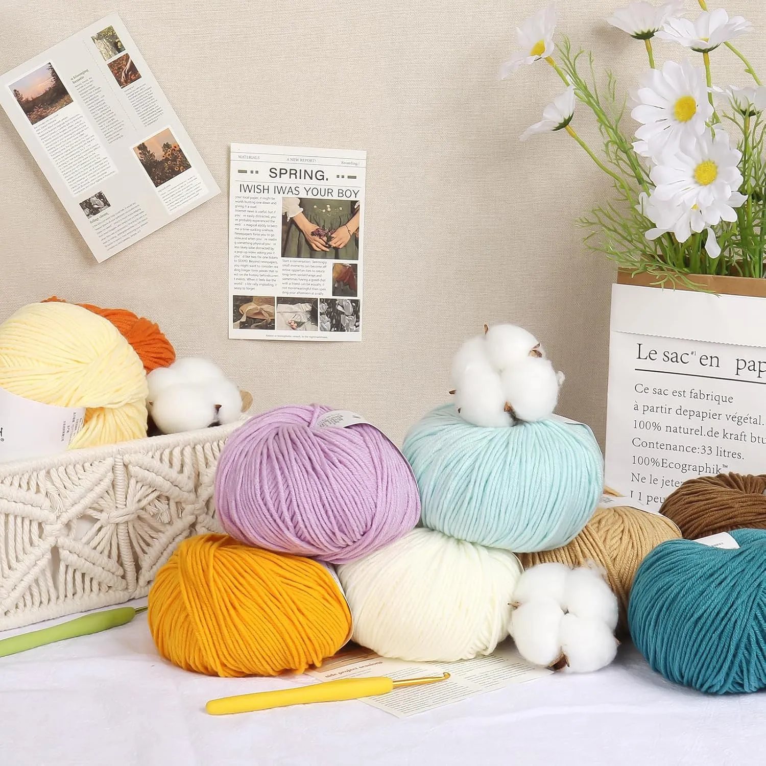 Katech 20 Skeins Cotton Yarn for Crocheting-Sport Weight Yarn 55% Cotton 45% Acrylic-Milk Cotton Yarn-Knitting/Crochet Yarn Kit