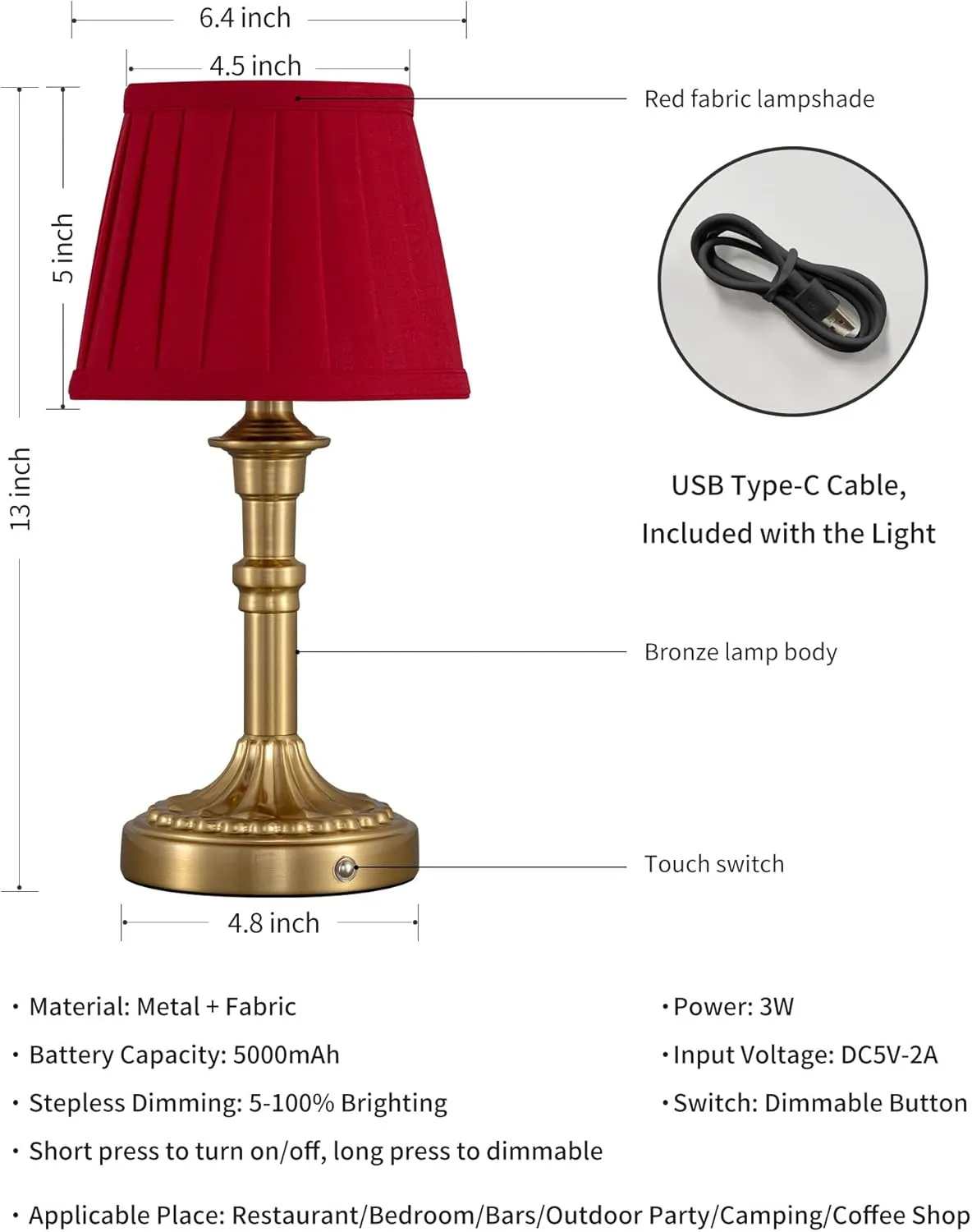 KDG Cordless Portables Table Lamp Set of 2, LED Fabric Shade Small Desk Lamps, 5000mAh Battery Powered Lighting, 2700K Stepless Dimmable Light for Living Room, Dining Room, Bedroom (Bronze Red)