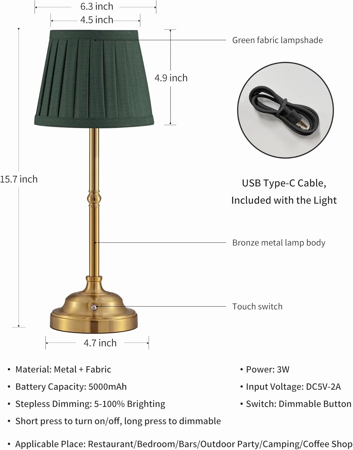 KDG Cordless LED Table Lamp Set of 2, Portables Fabric Shade Desk Lamps, 5000mAh Rechargeable Battery Powered Lighting, Dimmable Light for Dining Room, Bedroom, Bedside, Night Light, Balcony (Green)