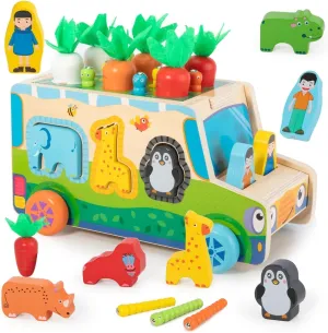 Keeygo Montessori Educational Toys for 2 3 4 Year Old Baby Boys and Girls, Carrots Wooden Shape Sorting Toys Vegetables & Farm Animals Blocks for Toddlers,Christmas and Birthday Gift for Kids