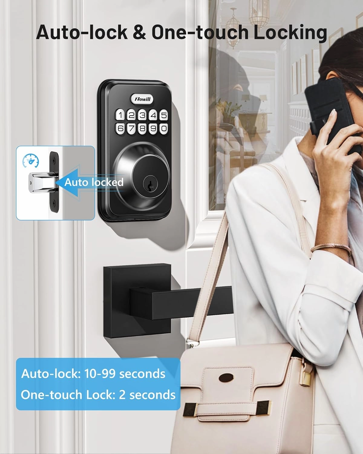 Keyless Entry Door Lock with 2 Lever Handles, Zowill Electronic Keypad Deadbolt, Auto-Locking, Anti-Peeping Password, Digital Code Door Lock, Front Door Handle Sets, Matte Black