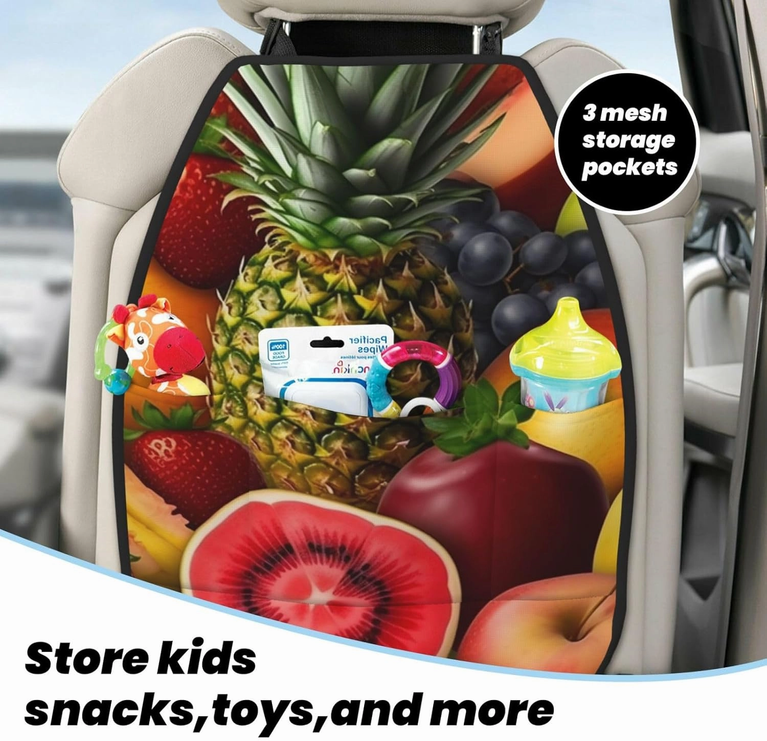 Kick Mat Back Seat Protector for Car 2 Pack Extra Large Car Back Seat Cover with 3 Storage Pockets Waterproof Seat Back Protector Fresh Juicy Fruits Backseat Car Organizer for Trucks SUV