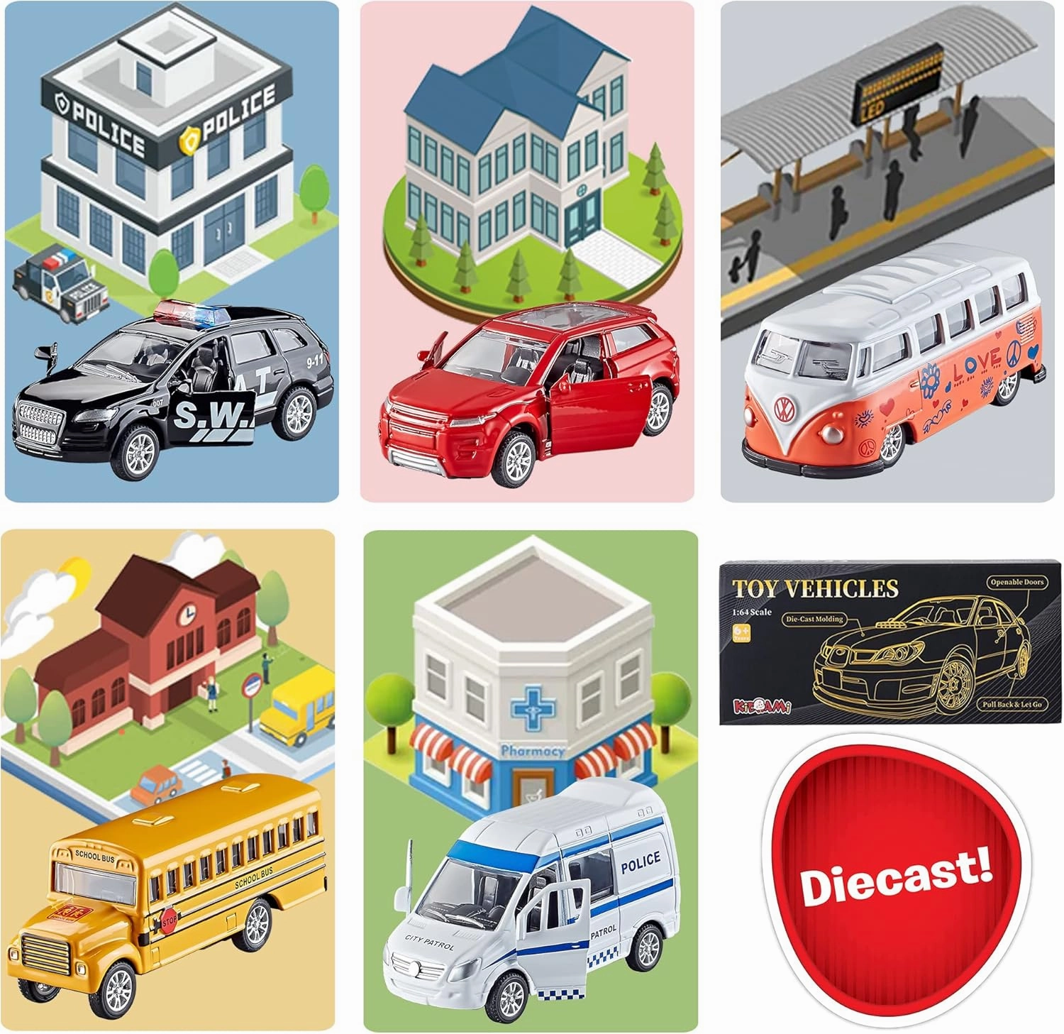 KIDAMI Die-cast Metal Toy Cars Set of 5, Openable Doors, Pull Back Car, Gift Pack for Kids (Official Car)