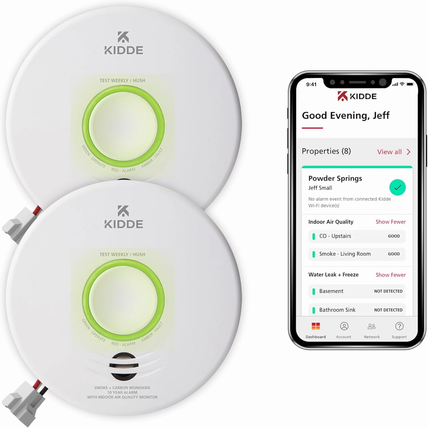 Kidde Smart Smoke & Carbon Monoxide Detector & Indoor Air Quality Monitor, WiFi, Alexa Compatible Device, Hardwired w/Battery Backup, Voice & App Alerts, 2 Pack