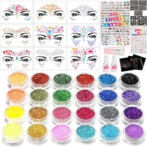 Kids Glitter Tattoo Kit - Face Gems, Rhinestones, Temporary Tattoos - Perfect for Birthdays & Festivals
