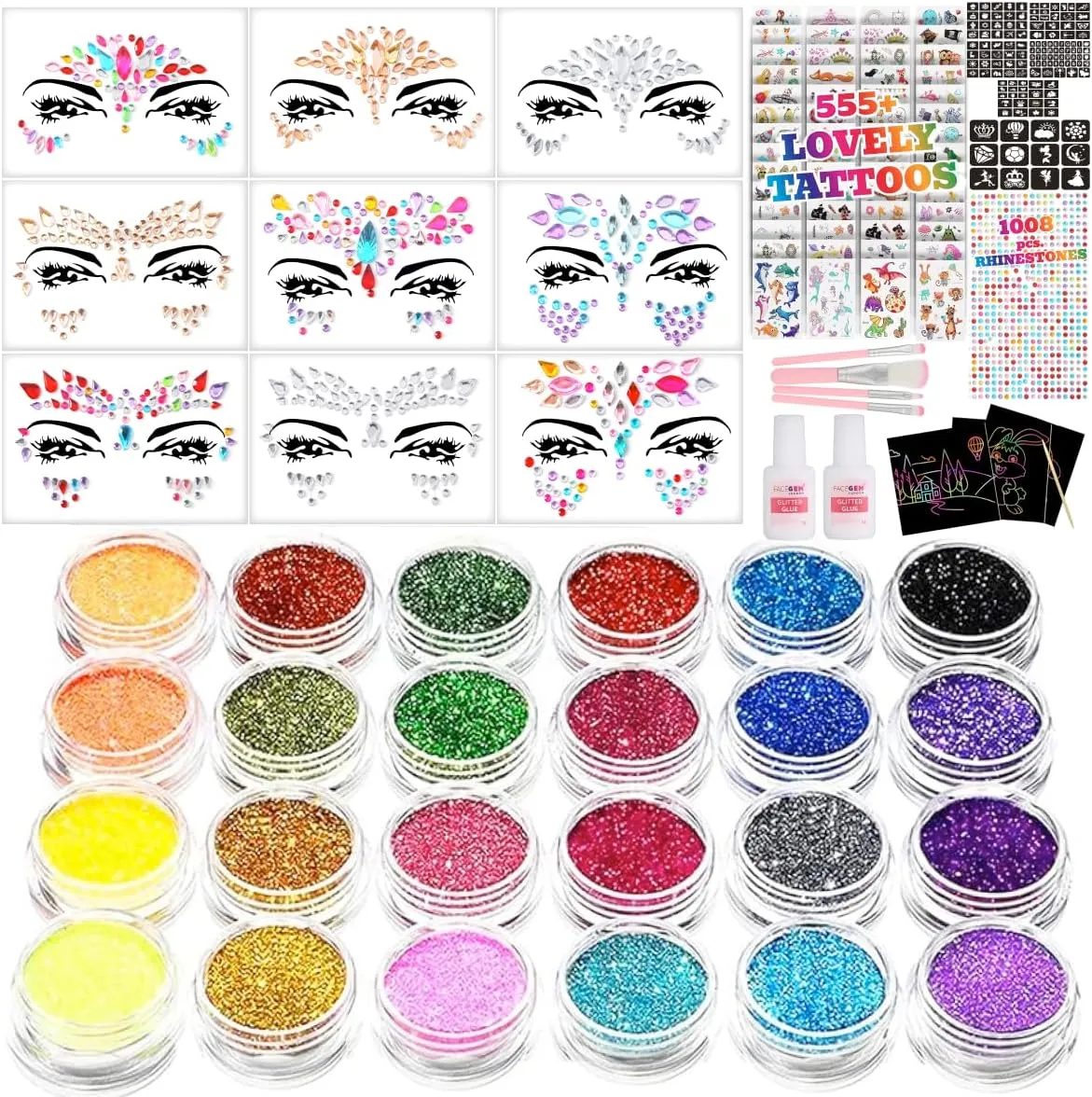 Kids Glitter Tattoo Kit - Face Gems, Rhinestones, Temporary Tattoos - Perfect for Birthdays & Festivals
