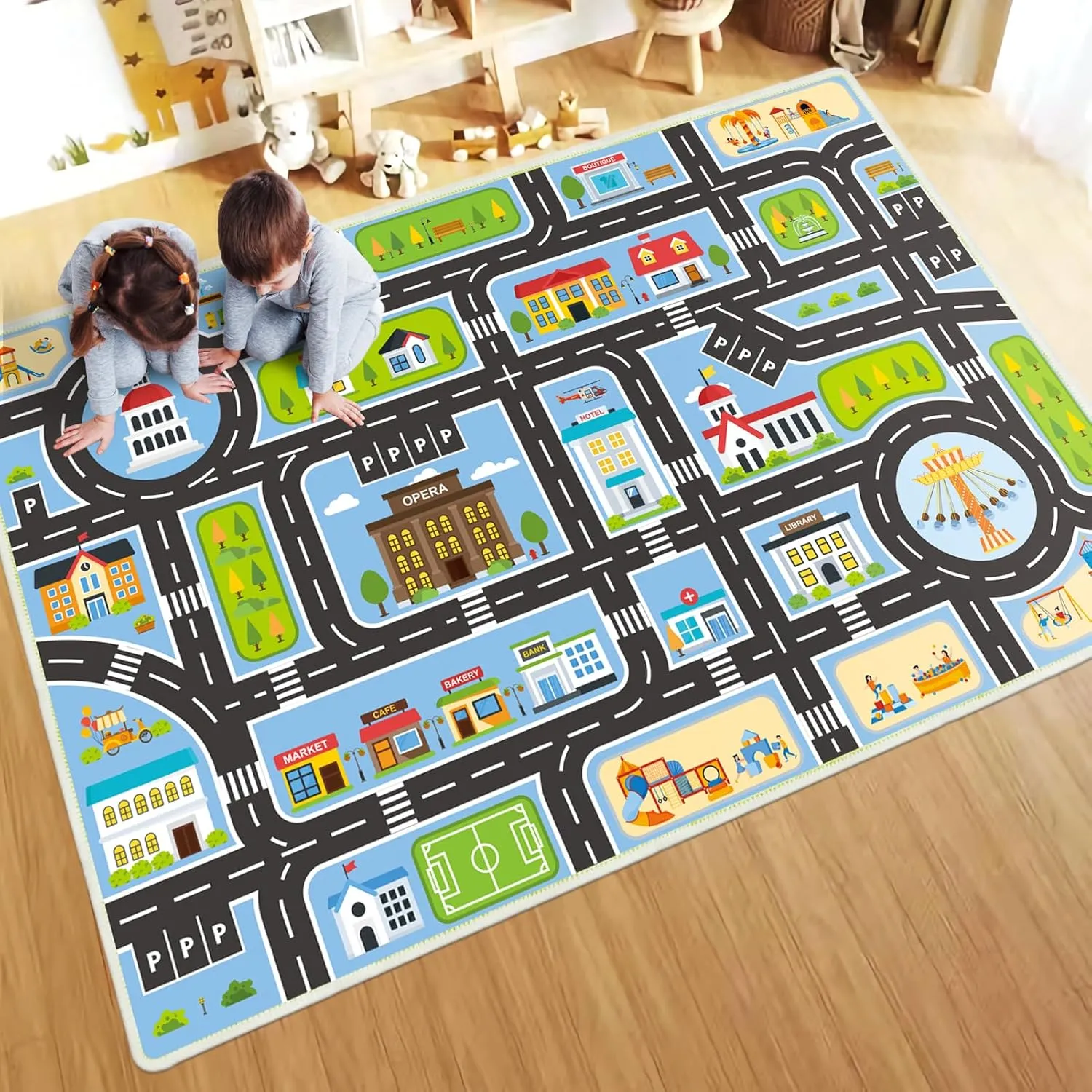 Kids Rug 2.6'x4' Kids Carpet, Car Play Mat for Playing, City Life Educational Playroom Rug Car Carpet for Kids, Blue Road Carpet for Playoom(Blue, 2.6'x4')