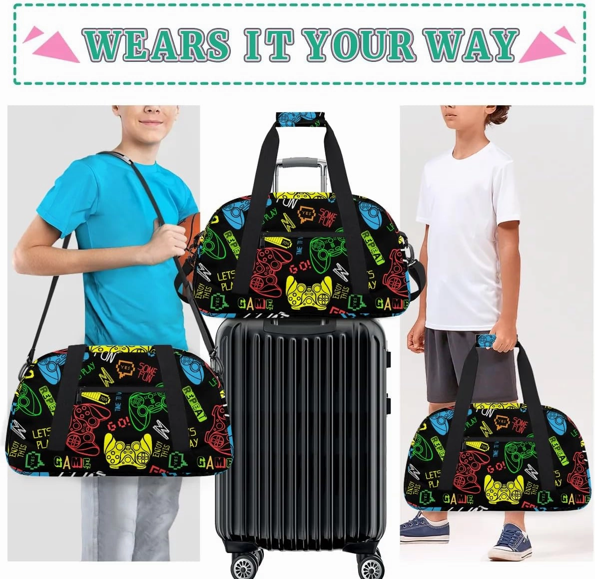 Kids Overnighter Duffel Bags for Boys Girls, Video Games Carry-On Size Sports Gym Bag for School Practice or Overnight Travel Weekender Sleepover Tote Bag