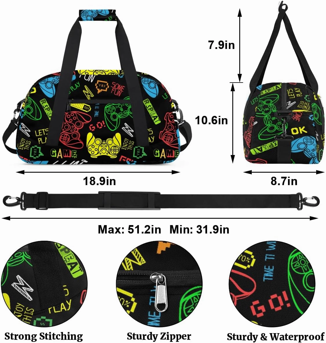 Kids Overnighter Duffel Bags for Boys Girls, Video Games Carry-On Size Sports Gym Bag for School Practice or Overnight Travel Weekender Sleepover Tote Bag