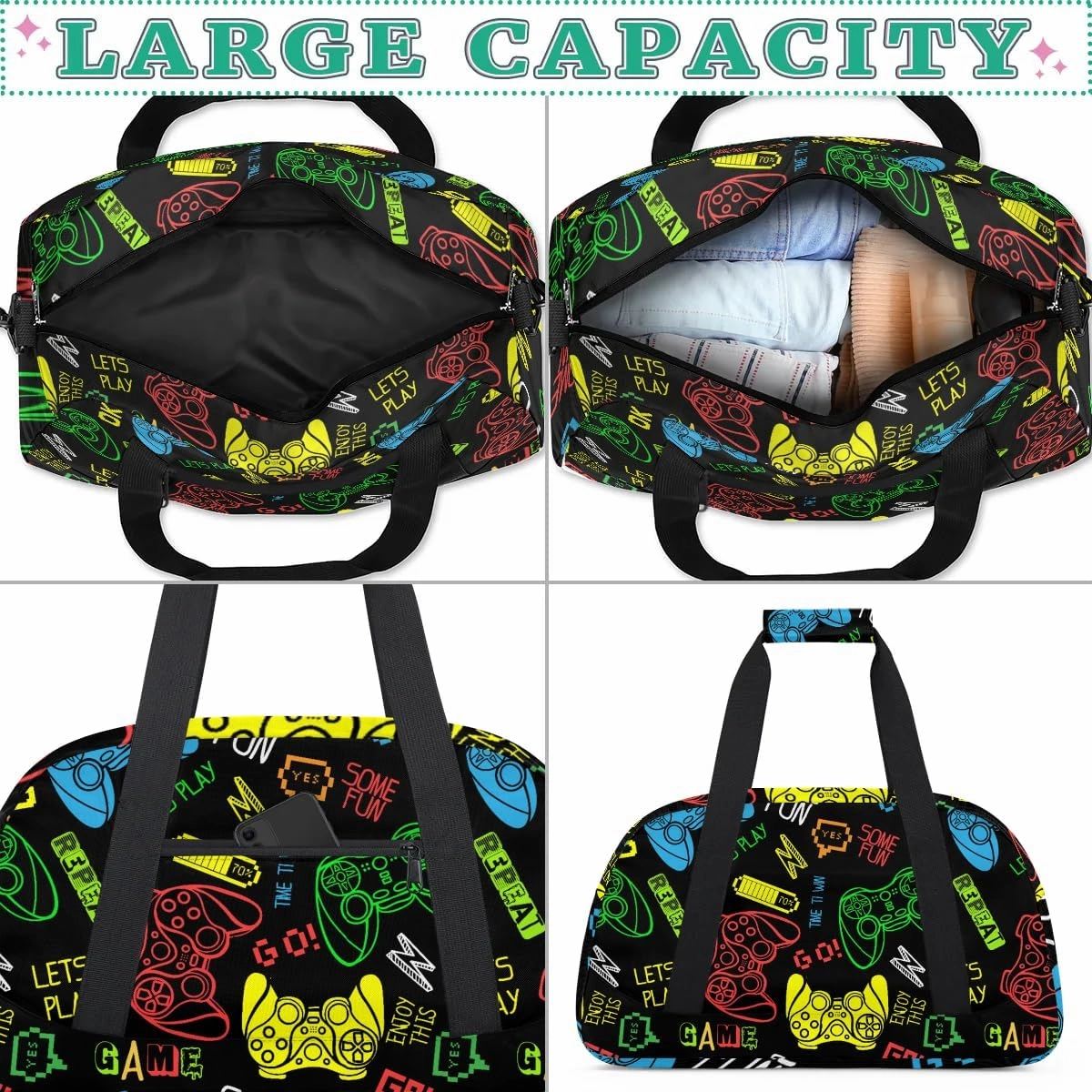 Kids Overnighter Duffel Bags for Boys Girls, Video Games Carry-On Size Sports Gym Bag for School Practice or Overnight Travel Weekender Sleepover Tote Bag