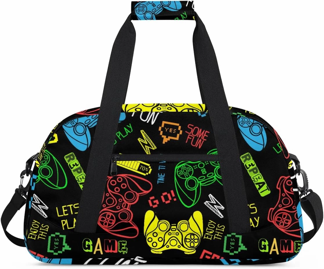 Kids Overnighter Duffel Bags for Boys Girls, Video Games Carry-On Size Sports Gym Bag for School Practice or Overnight Travel Weekender Sleepover Tote Bag