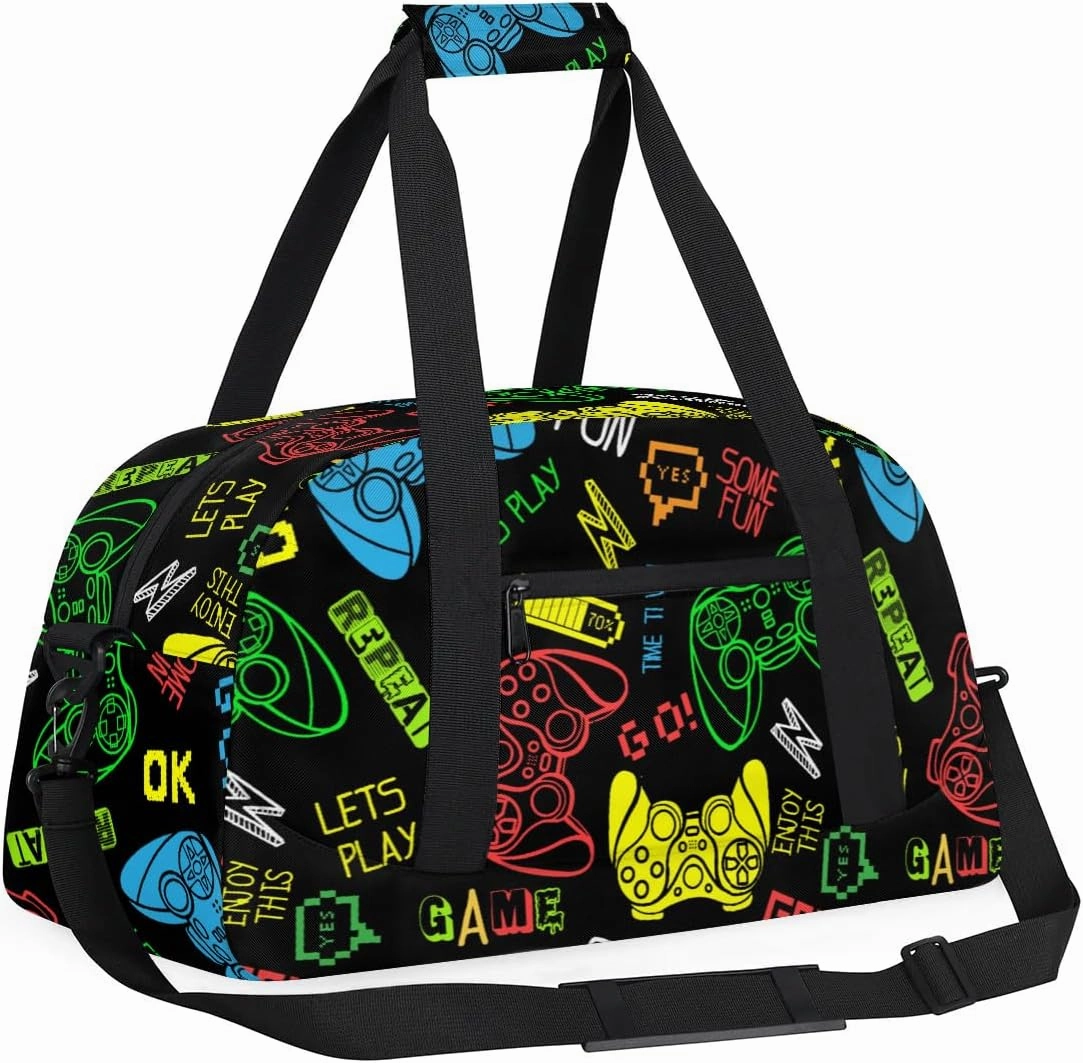 Kids Overnighter Duffel Bags for Boys Girls, Video Games Carry-On Size Sports Gym Bag for School Practice or Overnight Travel Weekender Sleepover Tote Bag