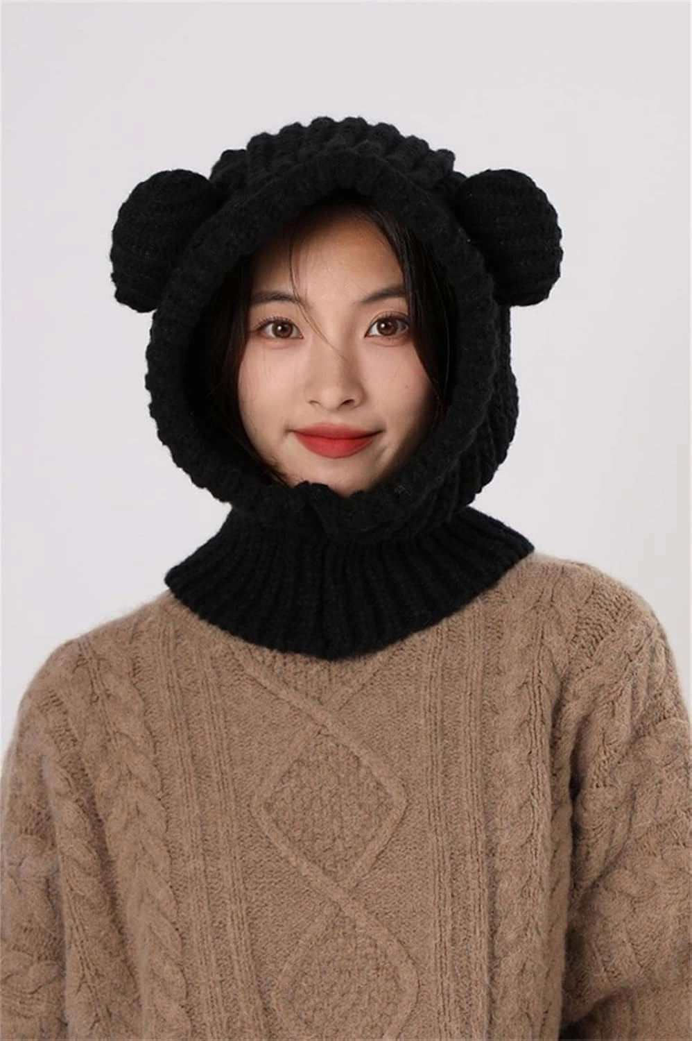 Knit Winter Hat Women Cute Bear Balaclava Warm Hooded Scarf Beanie Hat Skull Cap Collar Neck Cover Pullover