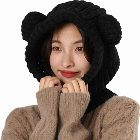 Knit Winter Hat Women Cute Bear Balaclava Warm Hooded Scarf Beanie Hat Skull Cap Collar Neck Cover Pullover