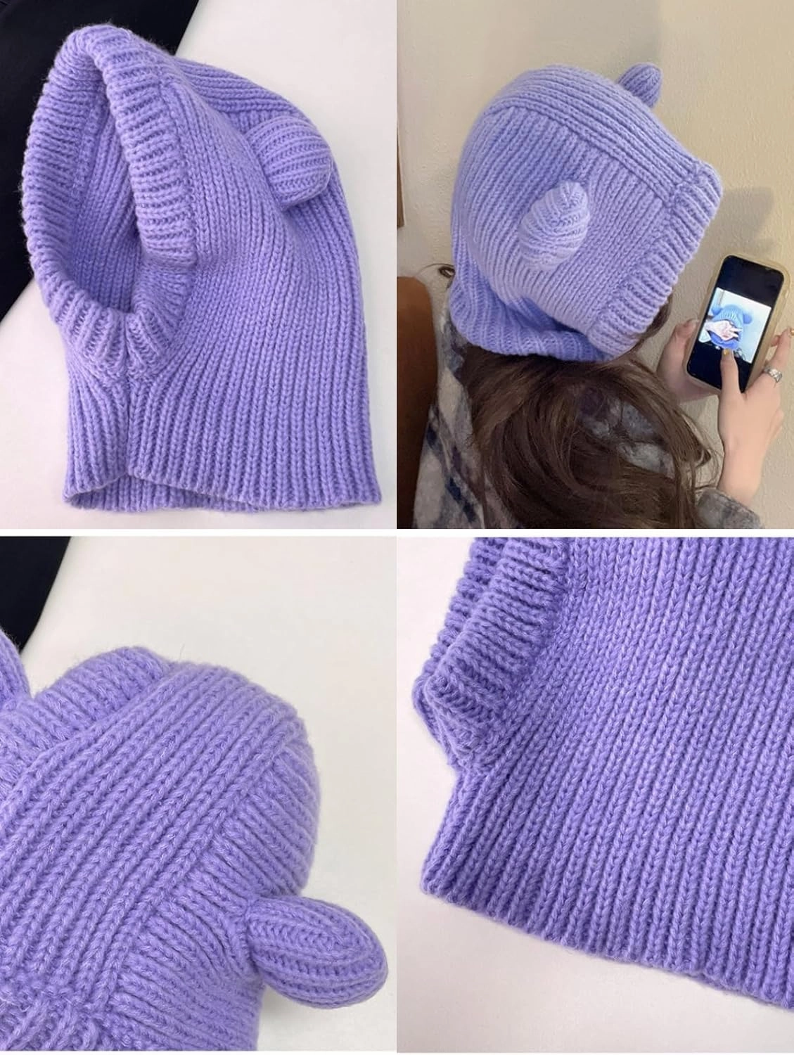 Knit Winter Hat Women Cute Bear Balaclava Warm Hooded Scarf Beanie Hat Skull Cap Collar Neck Cover Pullover