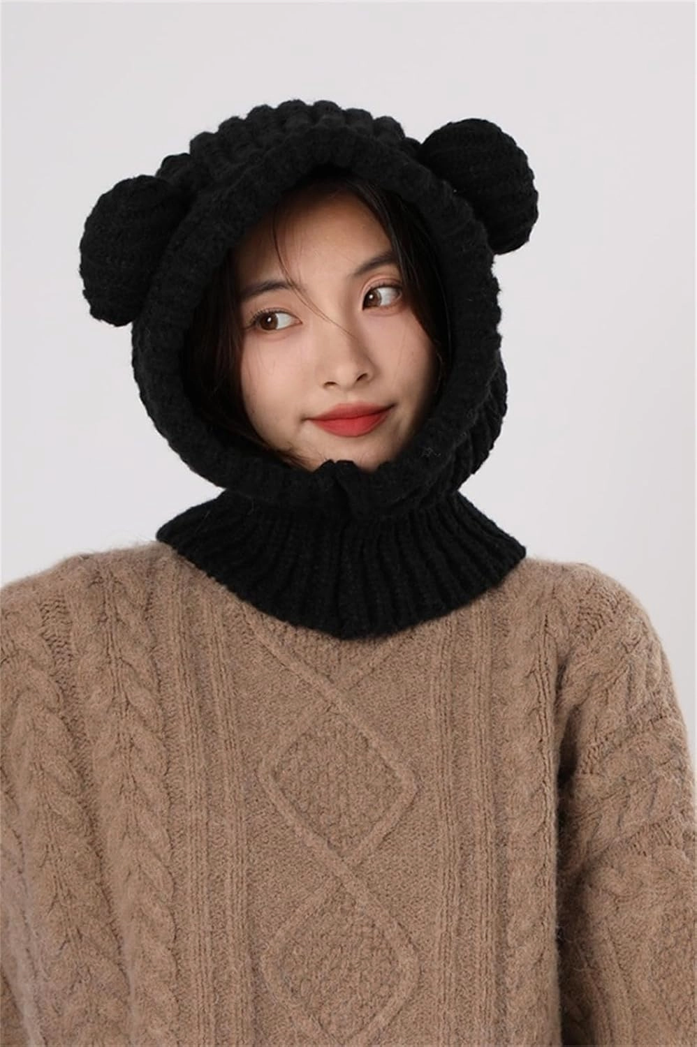 Knit Winter Hat Women Cute Bear Balaclava Warm Hooded Scarf Beanie Hat Skull Cap Collar Neck Cover Pullover