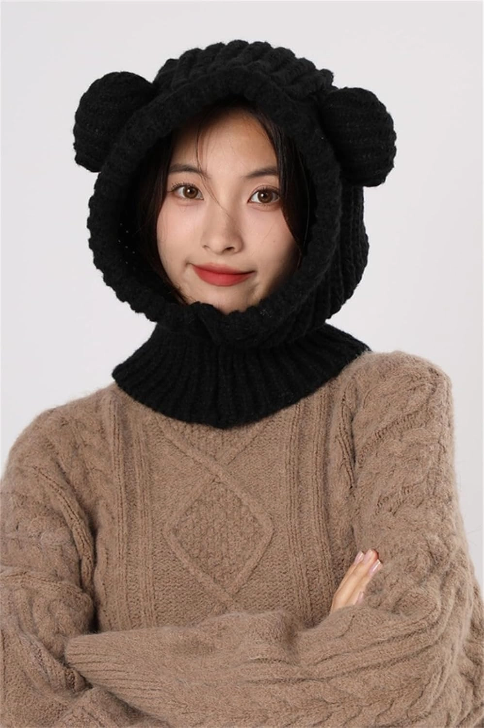 Knit Winter Hat Women Cute Bear Balaclava Warm Hooded Scarf Beanie Hat Skull Cap Collar Neck Cover Pullover