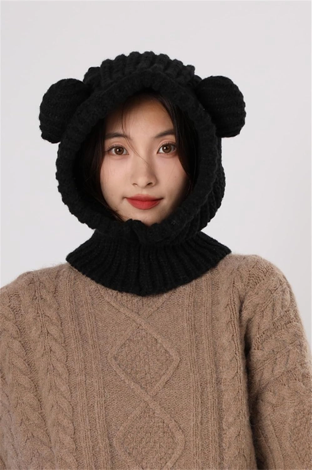 Knit Winter Hat Women Cute Bear Balaclava Warm Hooded Scarf Beanie Hat Skull Cap Collar Neck Cover Pullover