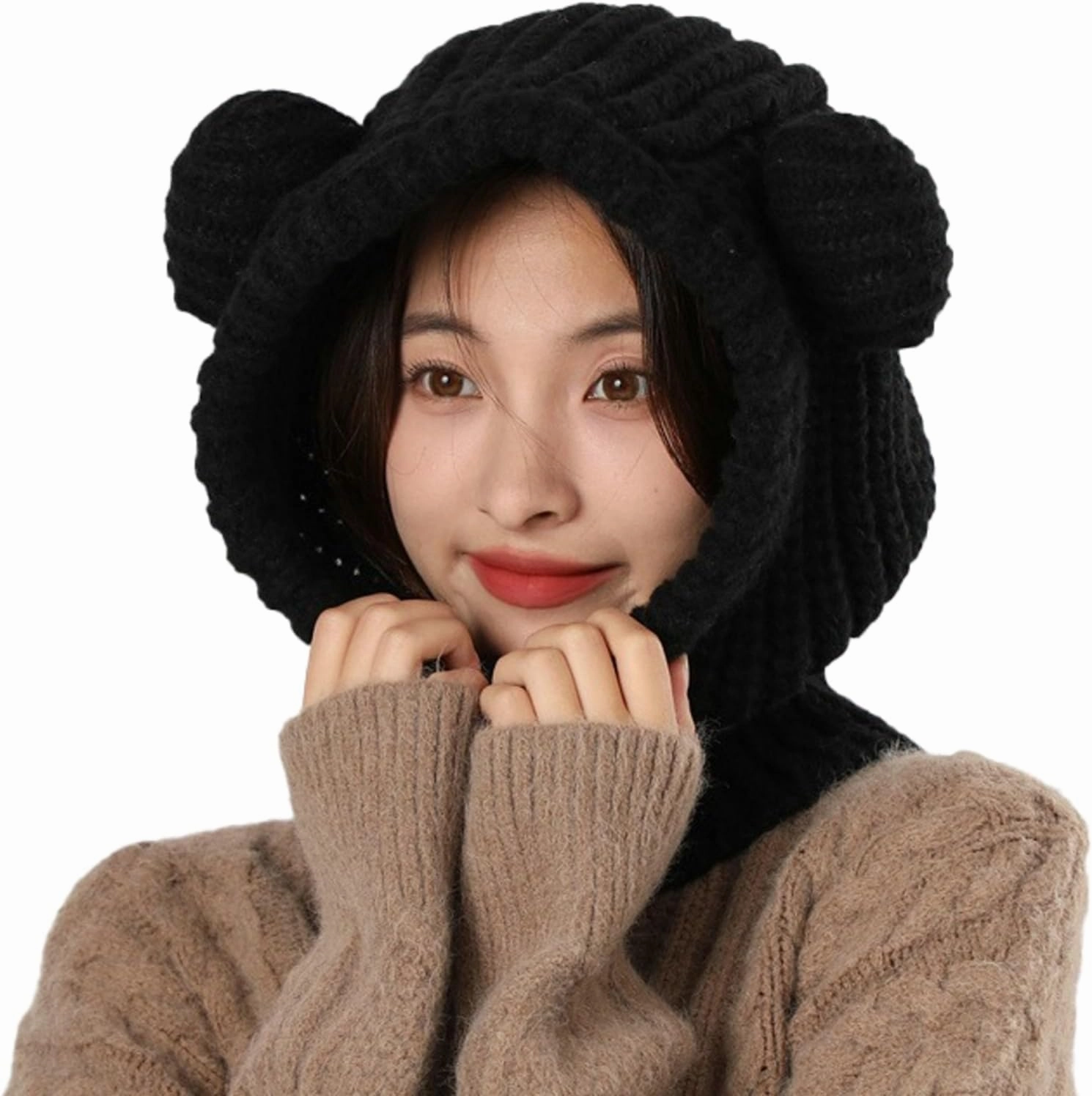 Knit Winter Hat Women Cute Bear Balaclava Warm Hooded Scarf Beanie Hat Skull Cap Collar Neck Cover Pullover