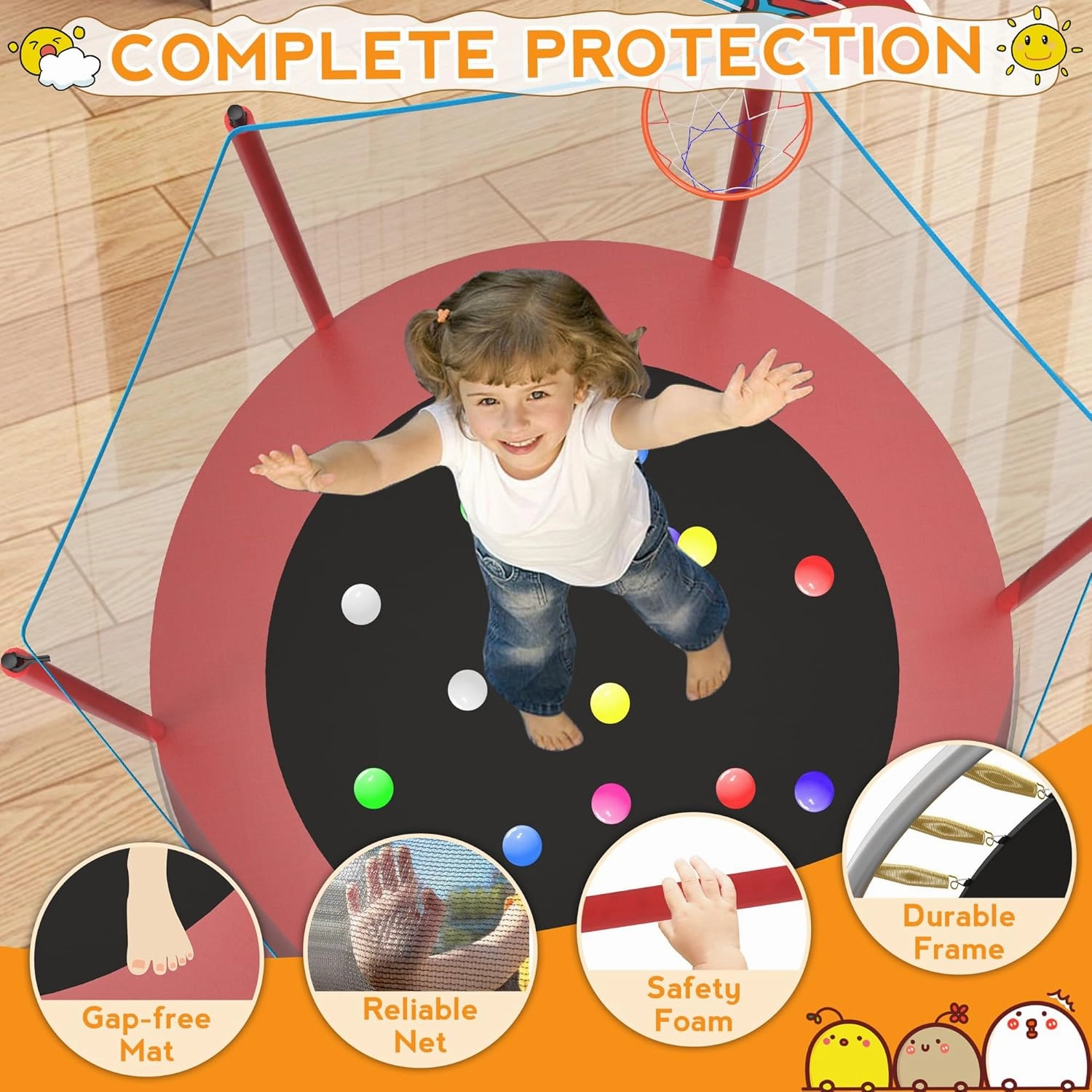 KOFUN 66" Mini Trampoline for Kids, 600LBS 5.5FT Indoor Outdoor Toddler Trampoline with Enclosure Net, Basketball Hoop and Ball, Small Trampoline Gifts for Boys and Girls Ages 1-8