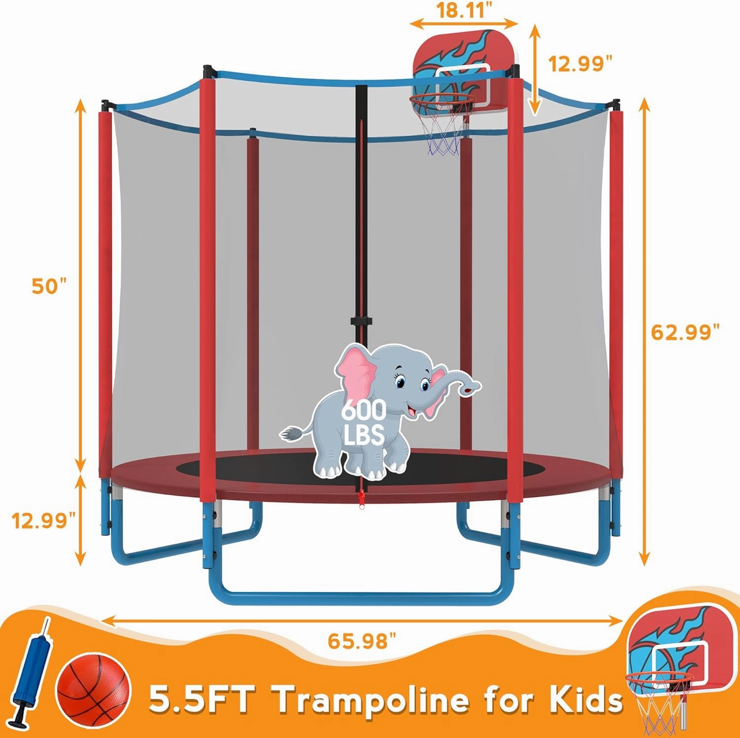 KOFUN 66" Mini Trampoline for Kids, 600LBS 5.5FT Indoor Outdoor Toddler Trampoline with Enclosure Net, Basketball Hoop and Ball, Small Trampoline Gifts for Boys and Girls Ages 1-8