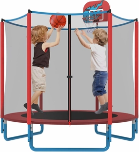 KOFUN 66" Mini Trampoline for Kids, 600LBS 5.5FT Indoor Outdoor Toddler Trampoline with Enclosure Net, Basketball Hoop and Ball, Small Trampoline Gifts for Boys and Girls Ages 1-8