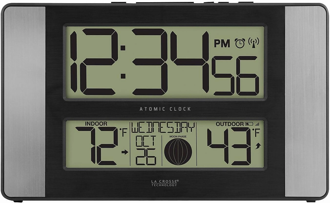 La Crosse Technology Atomic Digital Clock with Temperature and Moon Phase, Aluminum Finish (513-1417AL)