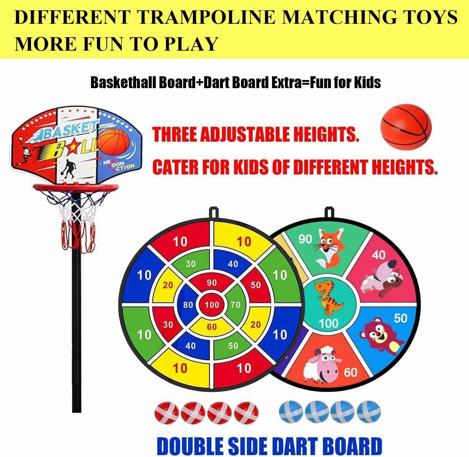 LANGXUN 60" Trampoline for Kids, 5ft Mini Toddler Indoor & Outdoor Trampoline with Net, Basketball Hoop & Dart Board, Birthday Gifts for Boys & Girls, Baby Toddler Christmas Toys