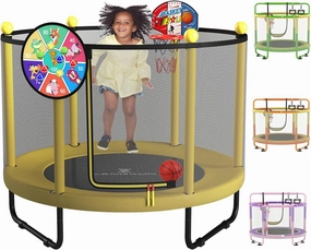 LANGXUN 60" Trampoline for Kids, 5ft Mini Toddler Indoor & Outdoor Trampoline with Net, Basketball Hoop & Dart Board, Birthday Gifts for Boys & Girls, Baby Toddler Christmas Toys
