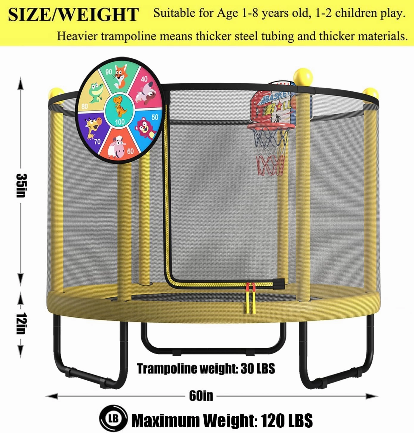 LANGXUN 60" Trampoline for Kids, 5ft Mini Toddler Indoor & Outdoor Trampoline with Net, Basketball Hoop & Dart Board, Birthday Gifts for Boys & Girls, Baby Toddler Christmas Toys
