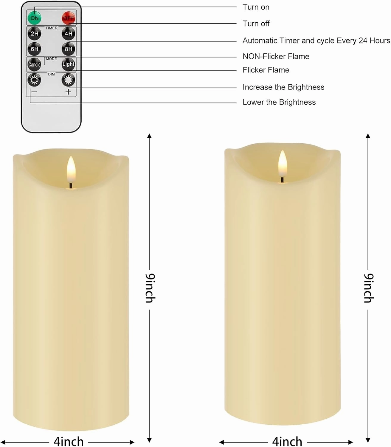 Large Flickering Flameless Candles with Remote, 4"x 9"Battery Operated Candles with Timer, Ivory Fake LED Pillar Candles for Outdoor Lanterns Porch, Set of 2