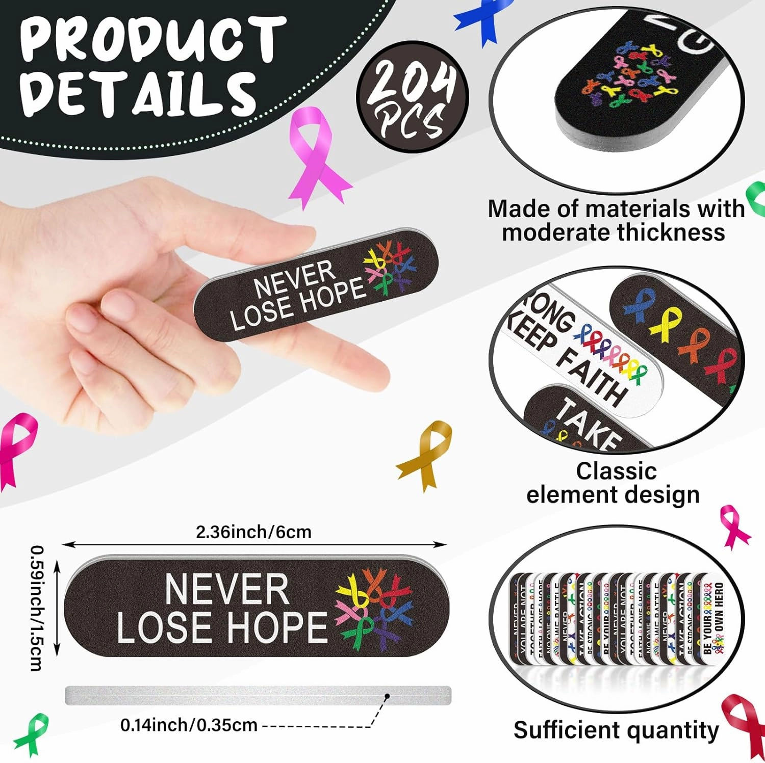 Lasnten 204 Pcs Cancer Awareness Bulk Items All Cancer Colon Breast Awareness Accessories Gifts Colorful Ribbon Nail Files Emery Boards Hope Faith Supplies for Prevention Month Women Public Activity