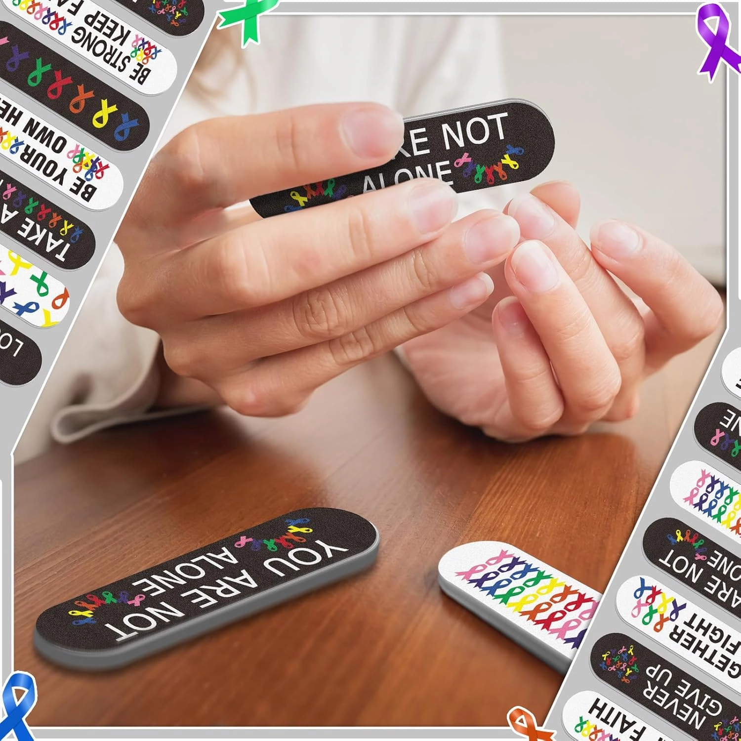 Lasnten 204 Pcs Cancer Awareness Bulk Items All Cancer Colon Breast Awareness Accessories Gifts Colorful Ribbon Nail Files Emery Boards Hope Faith Supplies for Prevention Month Women Public Activity