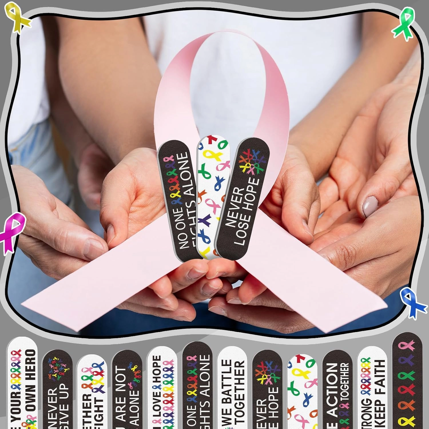Lasnten 204 Pcs Cancer Awareness Bulk Items All Cancer Colon Breast Awareness Accessories Gifts Colorful Ribbon Nail Files Emery Boards Hope Faith Supplies for Prevention Month Women Public Activity