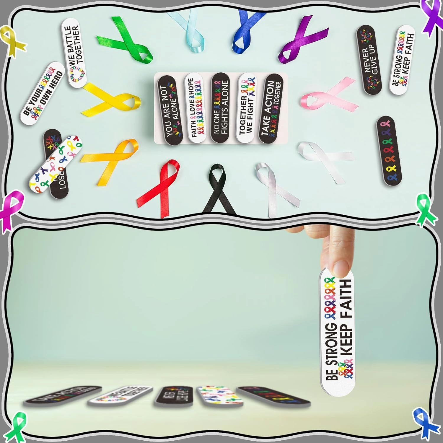 Lasnten 204 Pcs Cancer Awareness Bulk Items All Cancer Colon Breast Awareness Accessories Gifts Colorful Ribbon Nail Files Emery Boards Hope Faith Supplies for Prevention Month Women Public Activity