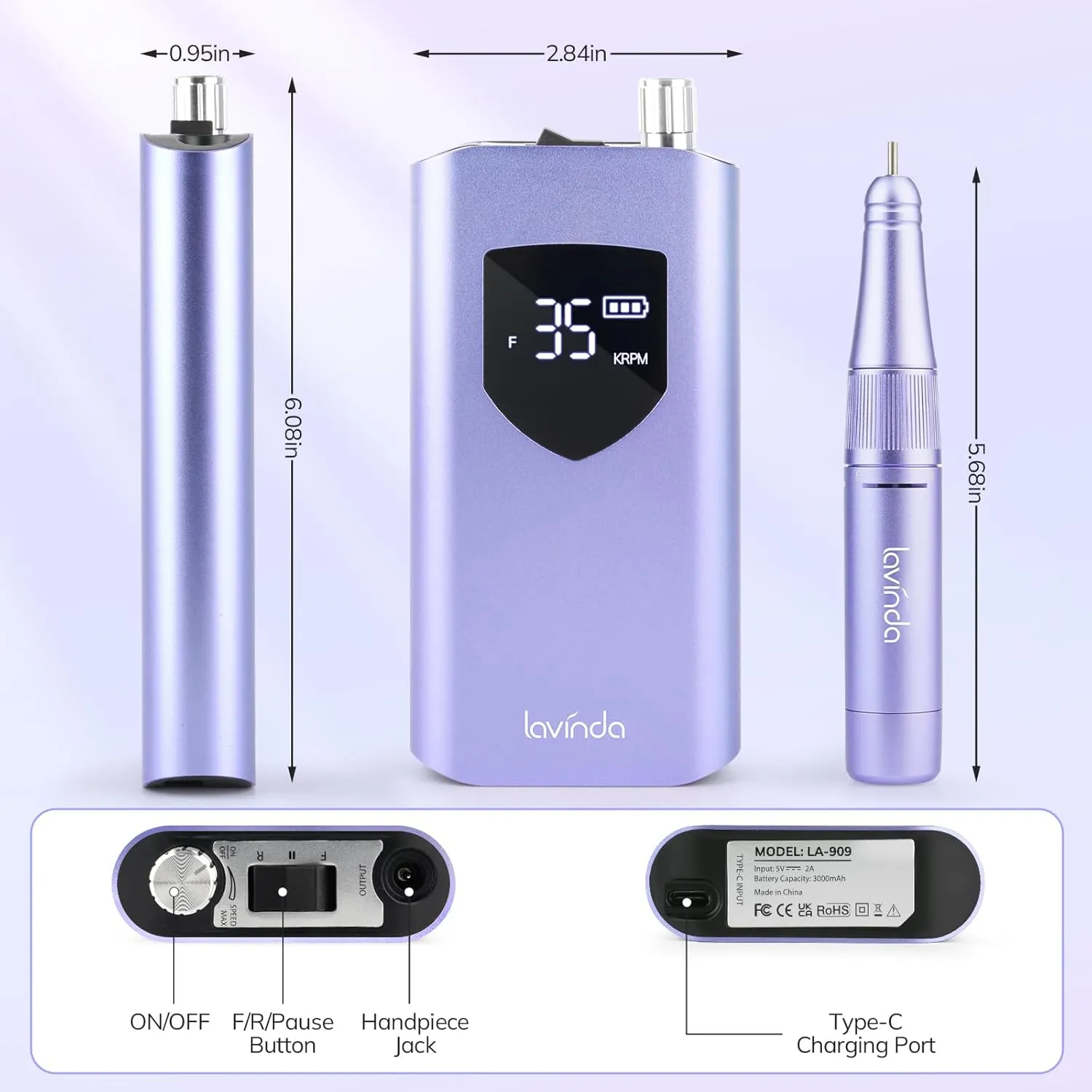 Lavinda Electric Nail Drill Machine, Professional 35000RPM Nail File Cordless Rechargeable Nail Efile for Acrylic Gel Nails, Manicure Pedicure Polishing Shape Tools for Salon Home Use-Purple